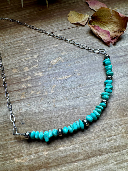 Handmade 15-inch silver paperclip chain necklace with blue turquoise nugget and sterling silver saucer pearls, made by The Bijoux FAB