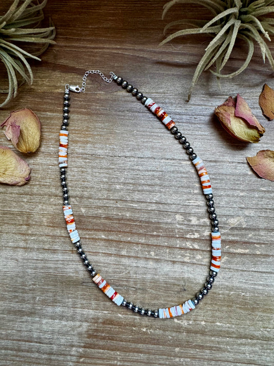 Handmade 17-inch necklace with alternating 5mm sterling silver pearls and spiny oyster beads in orange and white, finished with extender, made by The Bijoux FAB