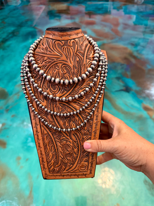 Layered sterling silver pearl necklace stack handmade in the USA featuring 3mm, 4mm, 6mm, 8mm, and 10mm sterling silver pearls by The Bijoux FAB