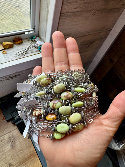 Handmade 16-inch lemon turquoise magnesite necklace with sterling silver saucer pearls and silver-plated chain, made by The Bijoux FAB