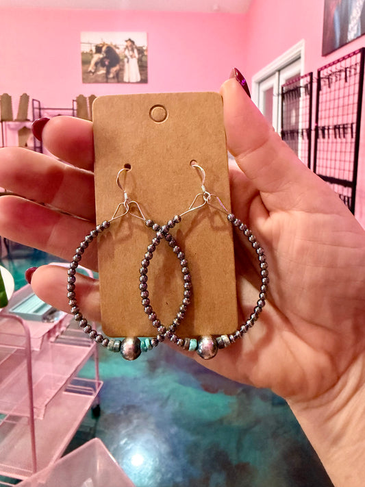 Blue Turquoise Heishi & Sterling Silver Pearl Hoop Earrings
