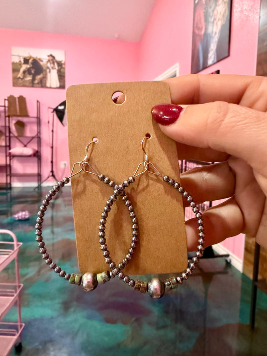 Green Turquoise & Sterling Silver Pearl Hoop Earrings
