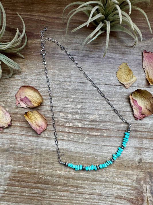Handmade 15-inch silver paperclip chain necklace with blue turquoise nugget and sterling silver saucer pearls, made by The Bijoux FAB