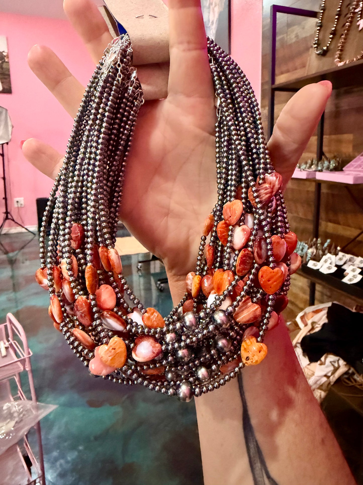 Orange/Red Shell Heart & Sterling Silver Pearl Necklace - 15 inch