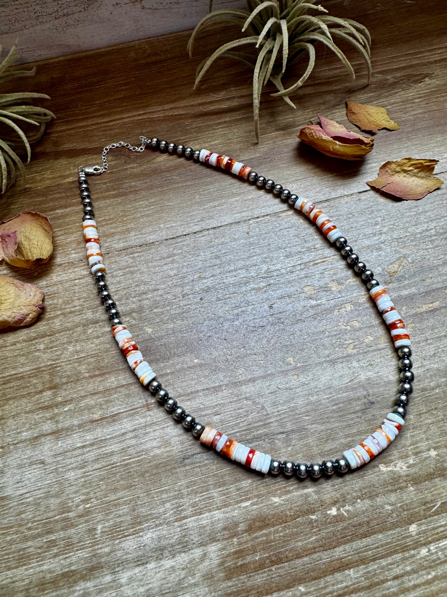 Handmade 17-inch necklace with alternating 5mm sterling silver pearls and spiny oyster beads in orange and white, finished with extender, made by The Bijoux FAB