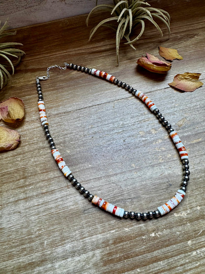 Handmade 17-inch necklace with alternating 5mm sterling silver pearls and spiny oyster beads in orange and white, finished with extender, made by The Bijoux FAB
