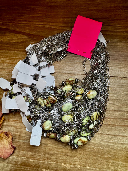 Handmade 16-inch lemon turquoise magnesite necklace with sterling silver saucer pearls and silver-plated chain, made by The Bijoux FAB
