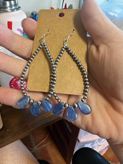 Kyanite teardrop earrings and Navajos pearls 3 mm