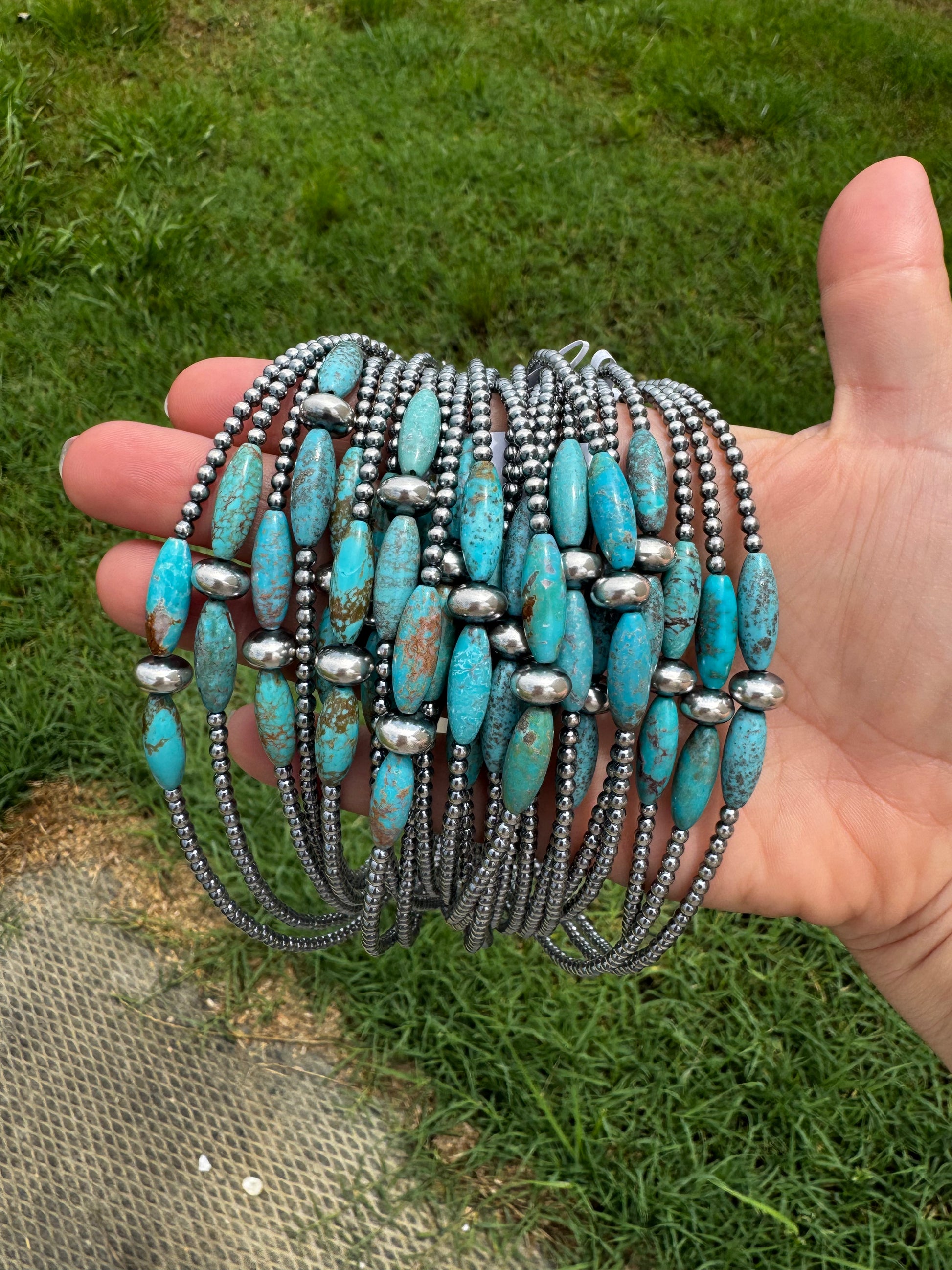 Handmade 15-inch sterling silver pearl choker with 10mm saucer and real turquoise torpedo beads, finished with extender, made by The Bijoux FAB