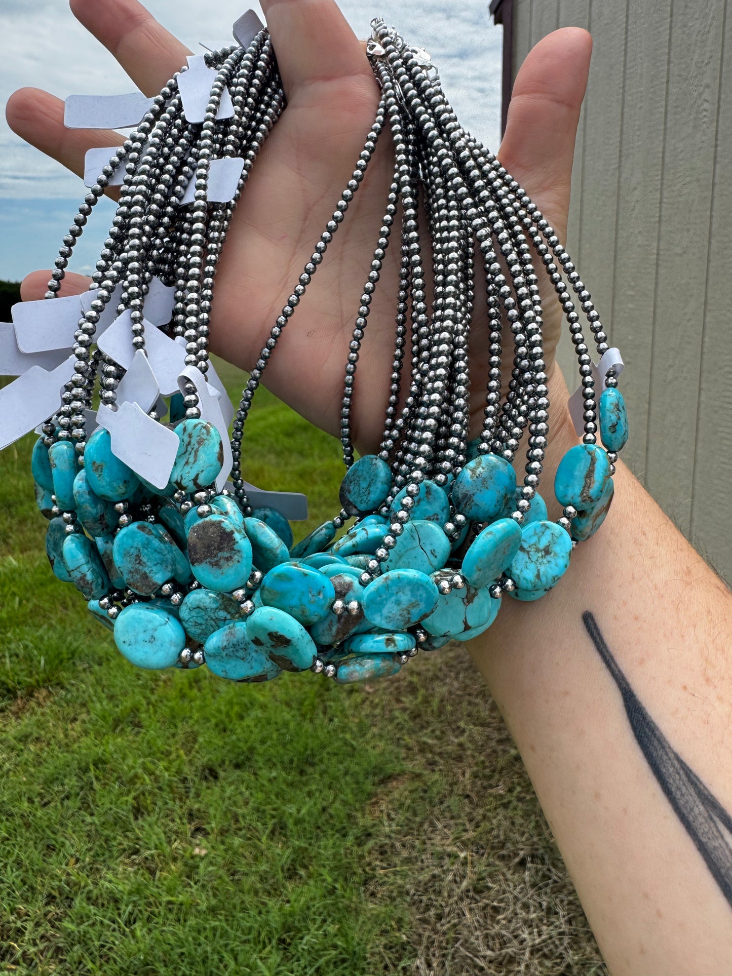 Handmade 15-inch choker with 3mm sterling silver pearls and 5 flat blue turquoise beads, finished with extender, made by The Bijoux FAB