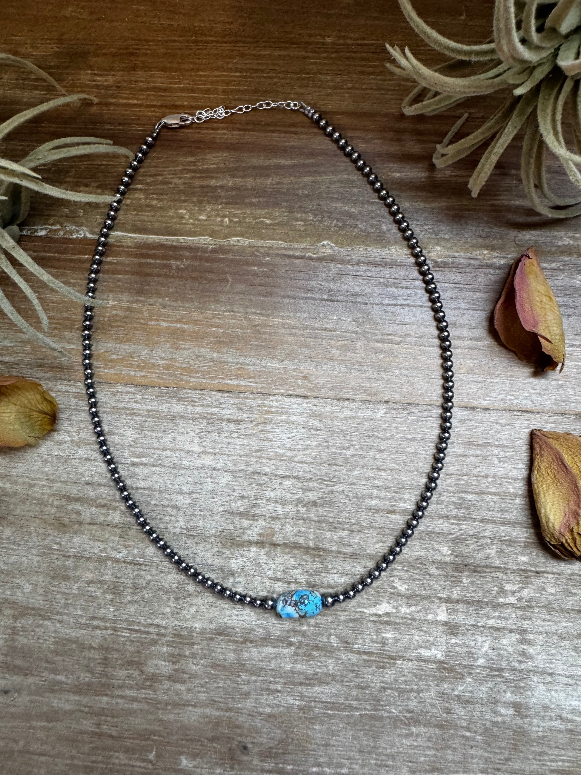 Golden Hill turquoise choker with 3 mm sterling silver pearls and spacer saucers, handmade by The Bijoux FAB