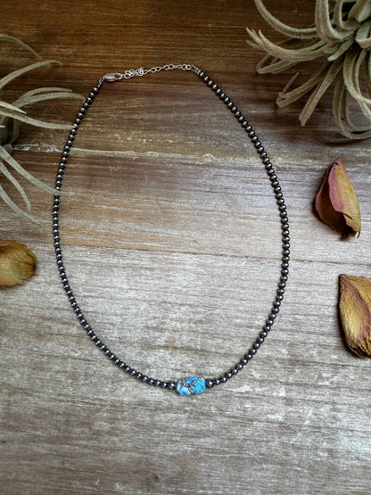 Golden Hill turquoise choker with 3 mm sterling silver pearls and spacer saucers, handmade by The Bijoux FAB