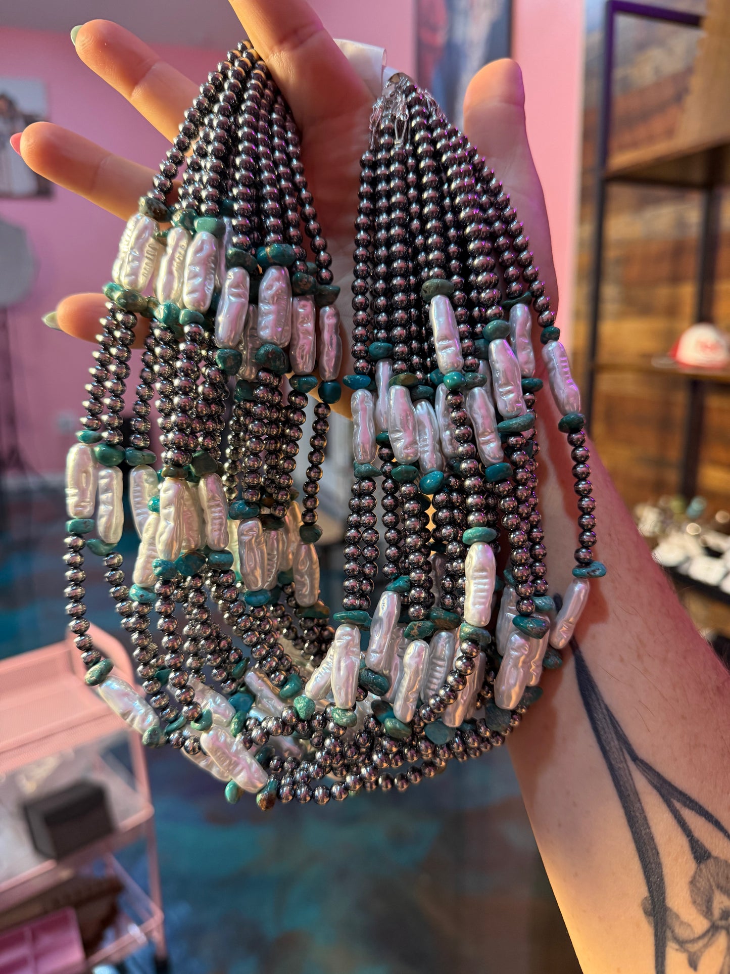 5mm turquoise and long fresh water pearls