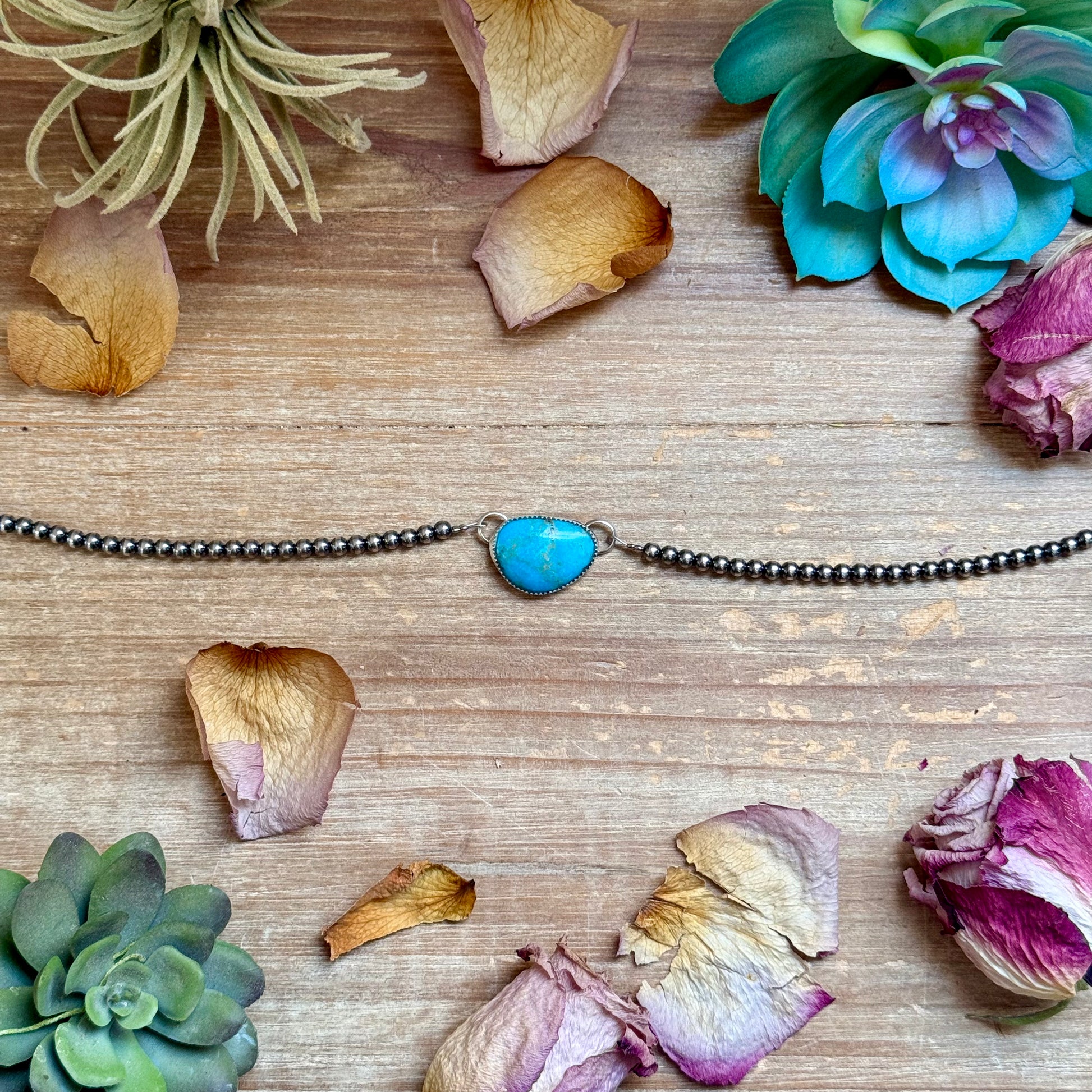 13-inch sterling silver and turquoise choker with extender, 4 mm pearls, handmade in-house by The Bijoux FAB, USA made