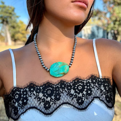 Turquoise Nugget & 8 mm Sterling Silver Pearl Necklace – 17”