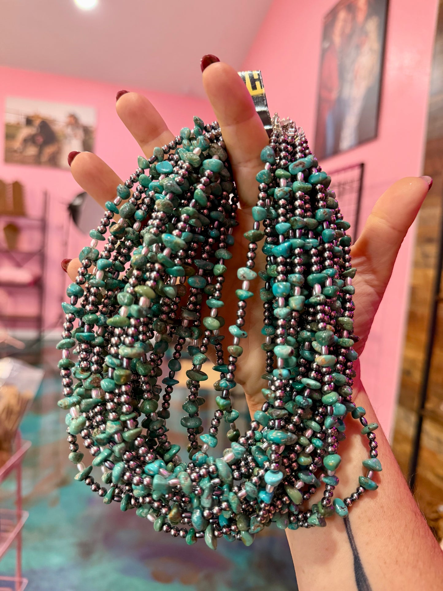 15.5-Inch Green Turquoise, Rice Pearl Necklace & Sterling Silver