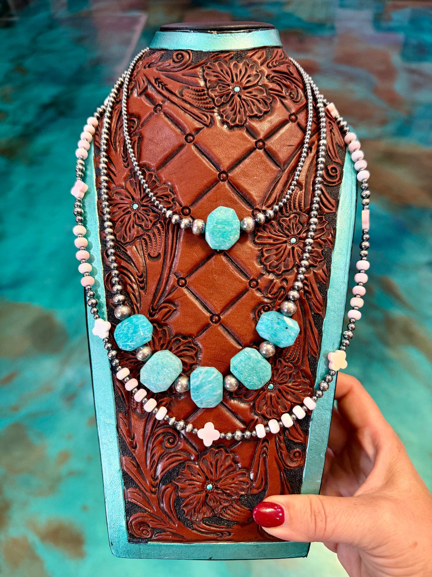 One Time Pieces – Peruvian Amazonite & Pink Conch Necklace Stack