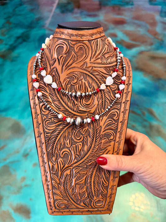One Time Pieces – Red Coral, Pink Conch & White Shell Heart Necklace Stack