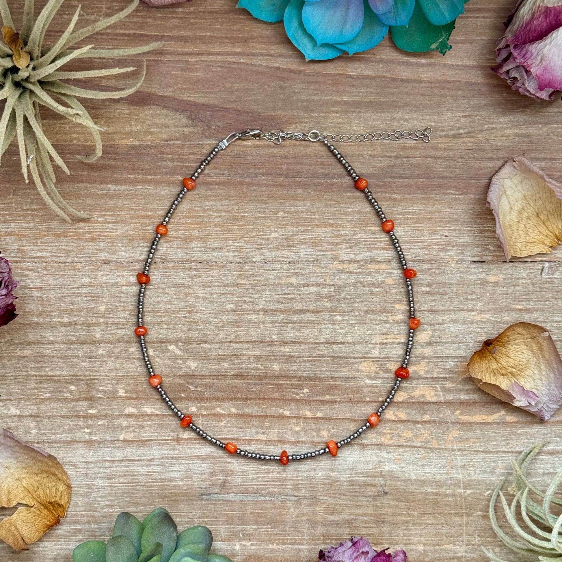 14-inch antique silver seed bead choker with dyed red coral and 3-inch extender, handmade by The Bijoux FAB