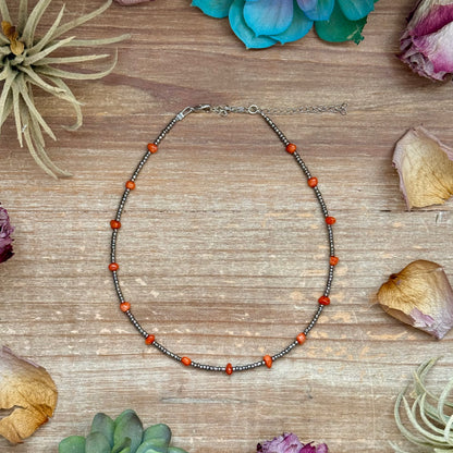 14-inch antique silver seed bead choker with dyed red coral and 3-inch extender, handmade by The Bijoux FAB