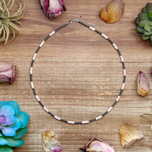 Pink conch shell heishi necklace with 3mm sterling silver pearls handmade in the USA