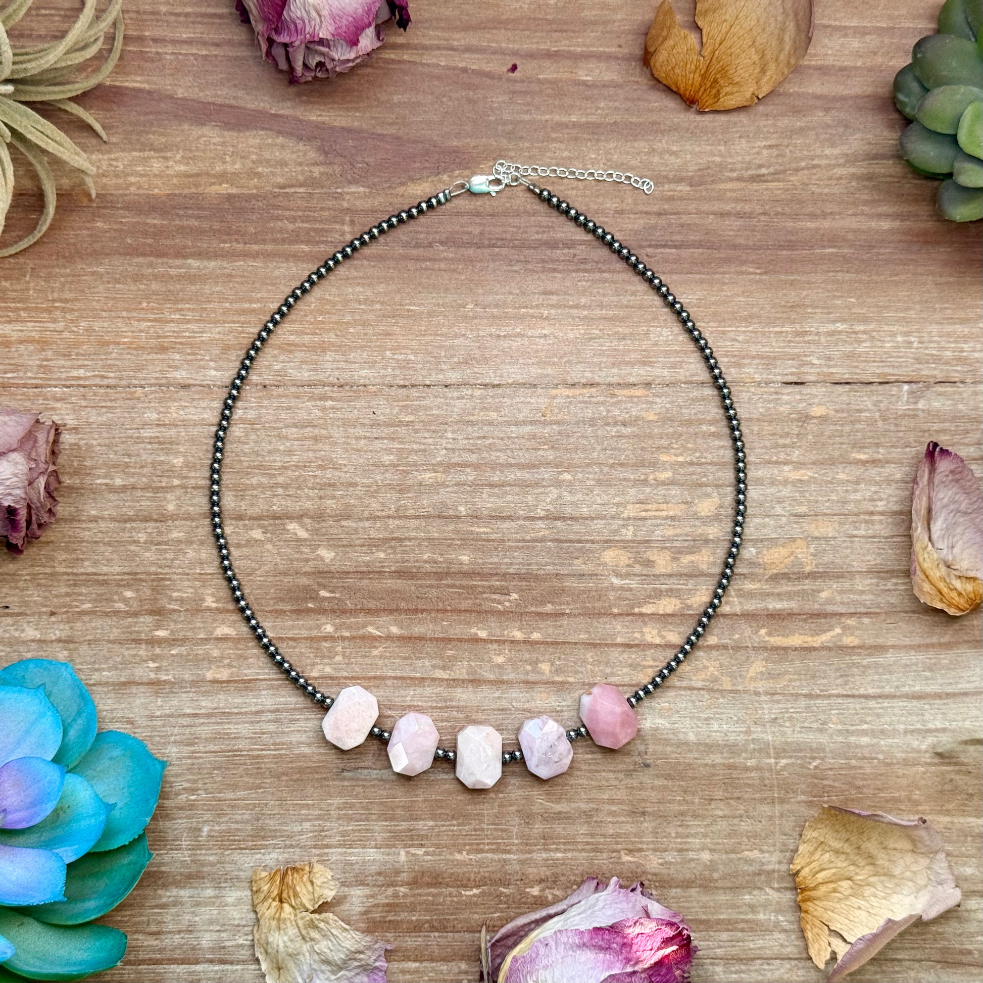 Pink opal necklace with 3mm sterling silver pearls and extender handmade in the USA