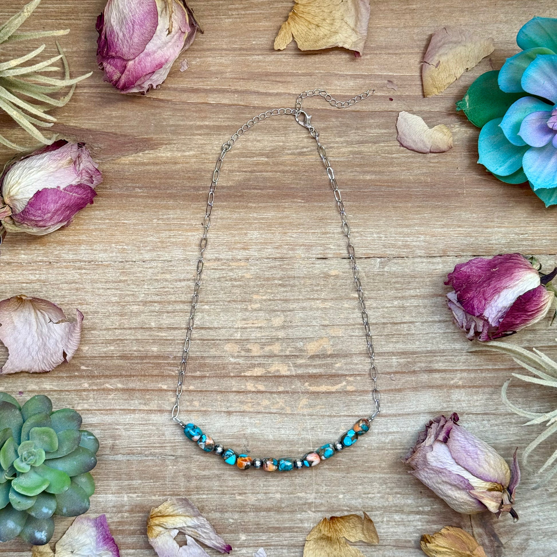 Turquoise and spiny oyster necklace with sterling silver pearls and silver plated paper clip chain
