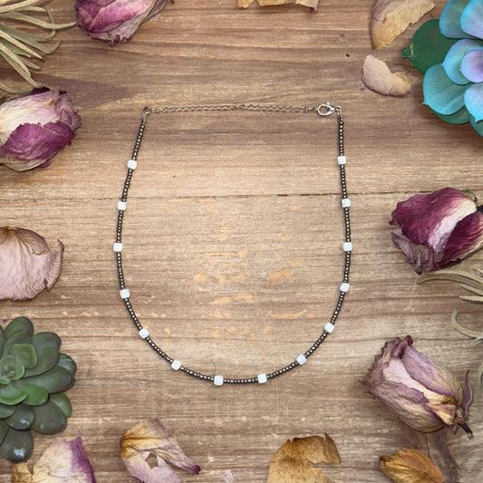 White howlite and glass seed bead necklace with silver plated chain and lobster clasp