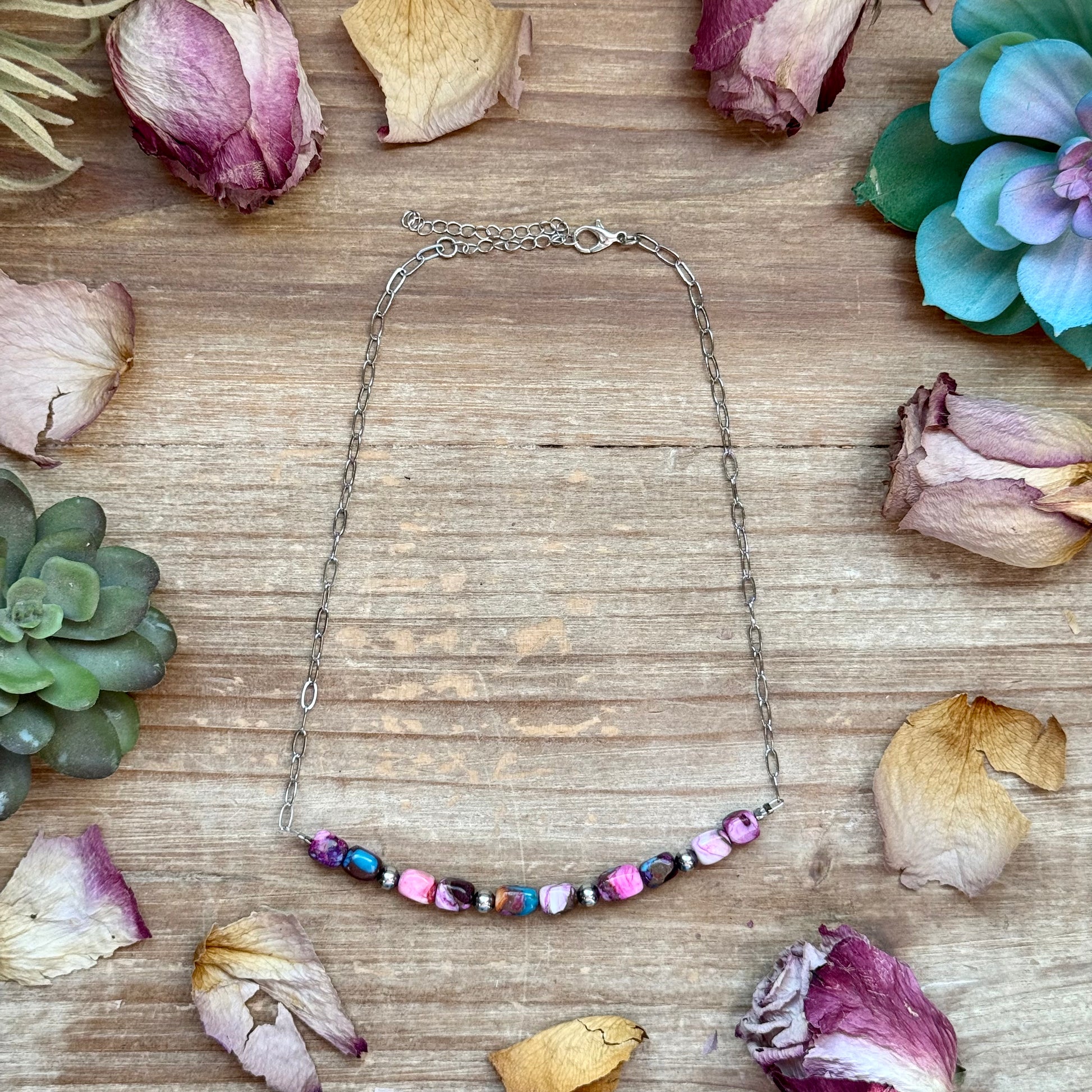 Pink dyed turquoise necklace with sterling silver pearls and silver plated chain