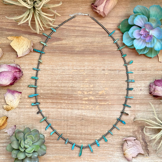 25 inch necklace with sterling silver pearls and long blue turquoise beads, adjustable with extender, each necklace unique