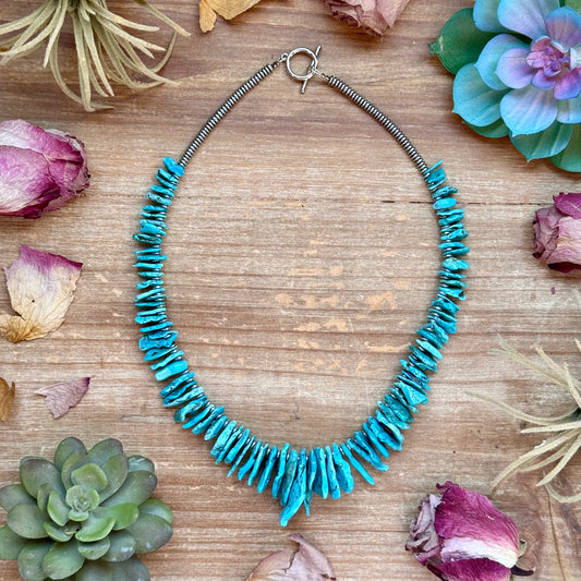 18-inch blue turquoise and silver hematite necklace with non-tarnish hook, handmade by The Bijoux FAB, USA made