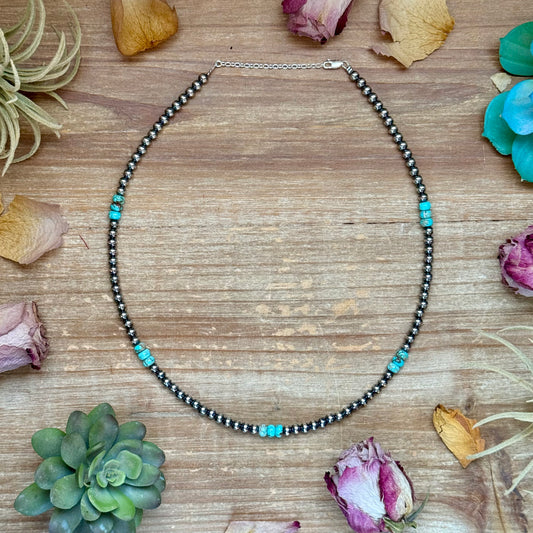 19.5 inch sterling silver pearl necklace with turquoise and variscite rondelles, adjustable with extender, each necklace unique