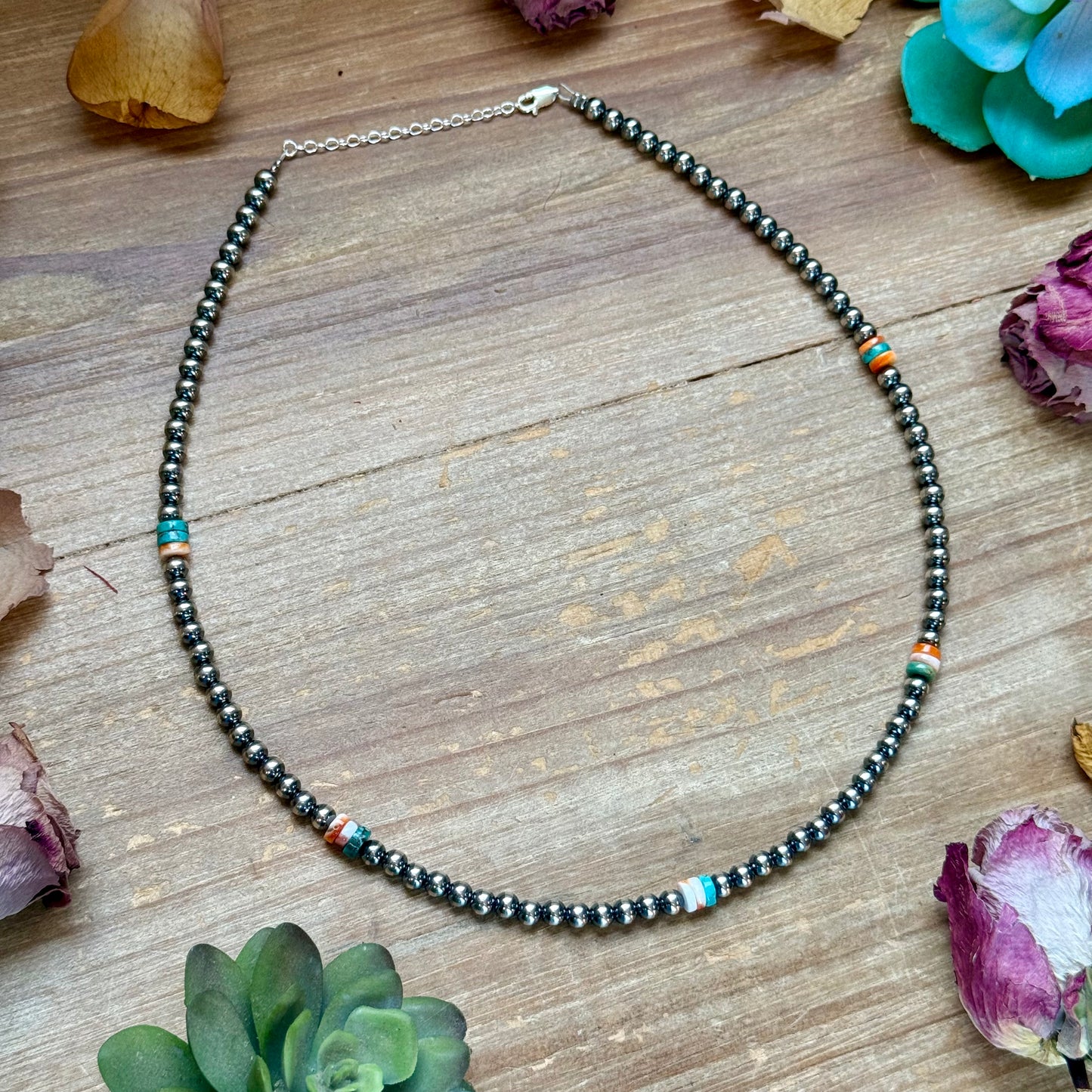 Mixed Turquoise & Spiny Oyster Heishi Necklace – 19”