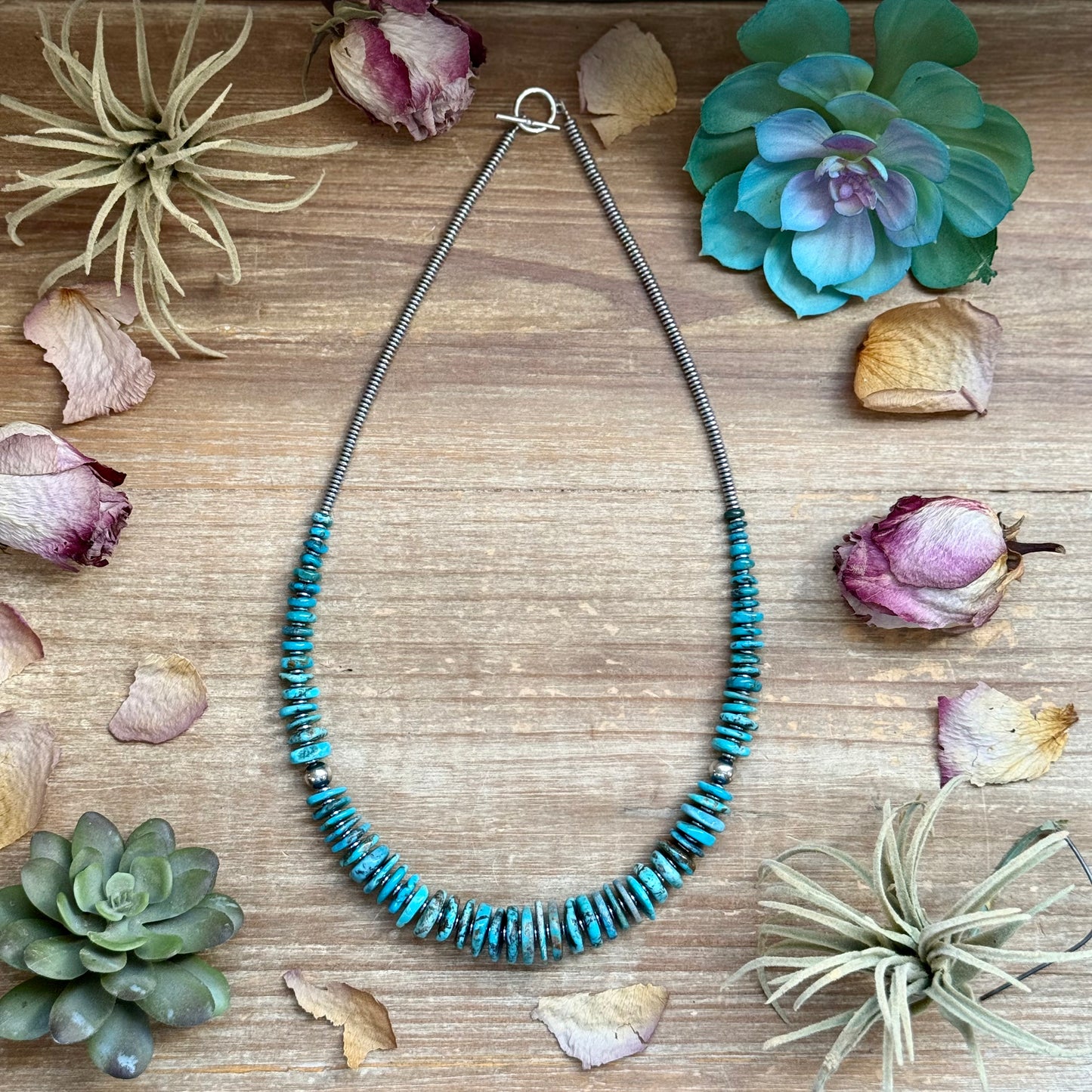 Dark Blue Turquoise Graduated Necklace with Sterling Silver Pearls & Hematite – 23”