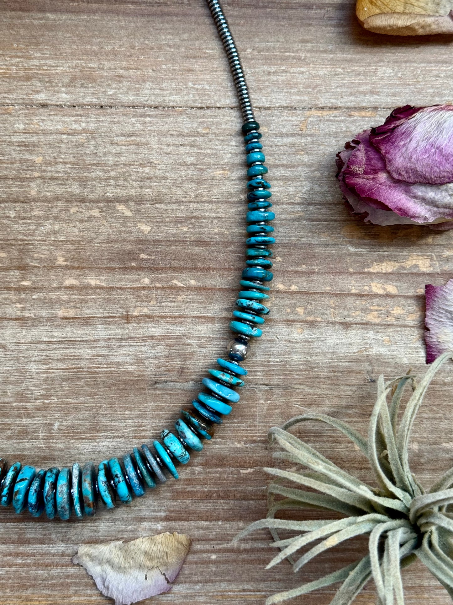 Dark Blue Turquoise Graduated Necklace with Sterling Silver Pearls & Hematite – 23”