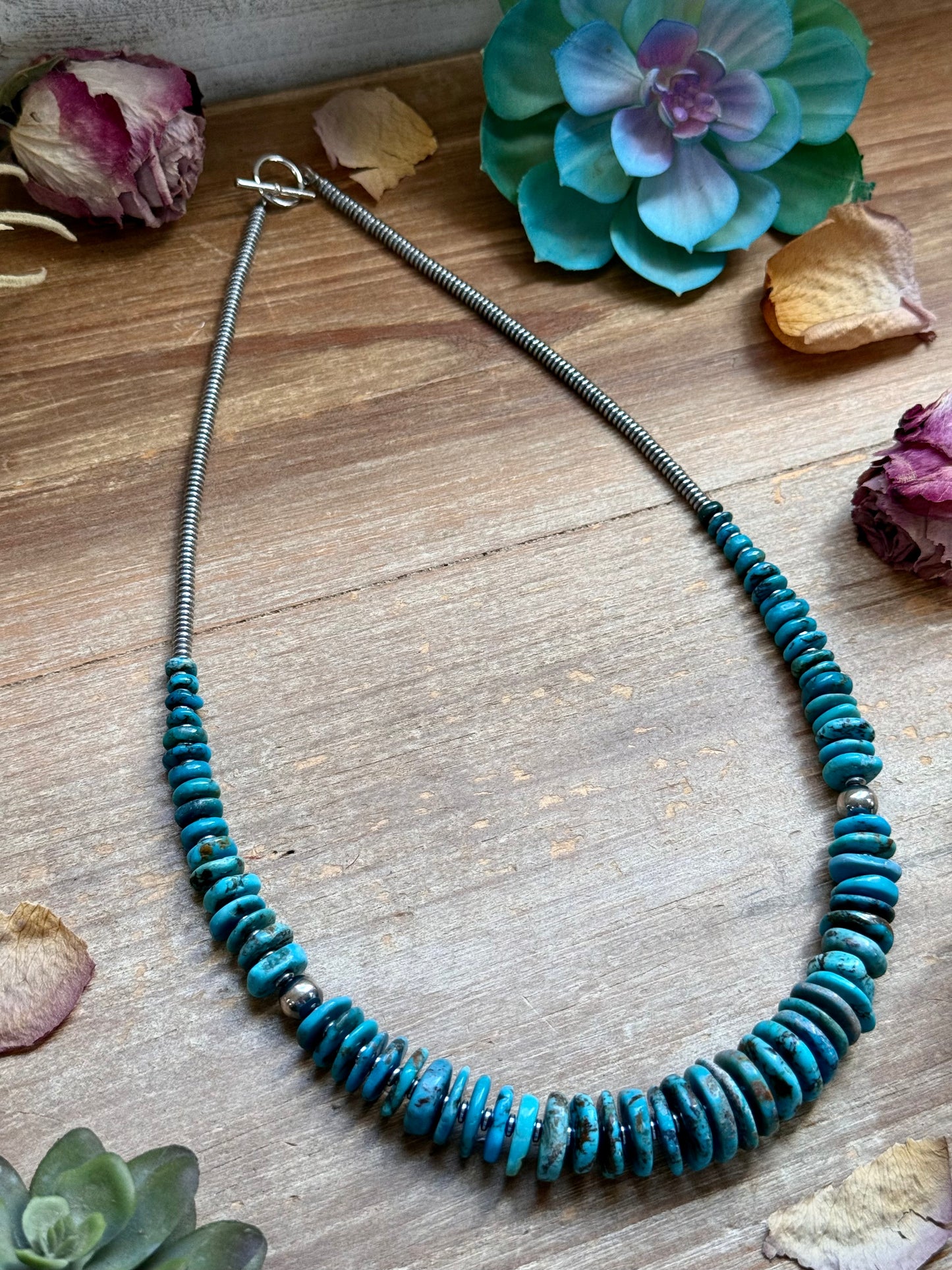 Dark Blue Turquoise Graduated Necklace with Sterling Silver Pearls & Hematite – 23”