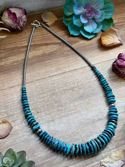 Dark Blue Turquoise Graduated Necklace with Sterling Silver Pearls & Hematite – 23”