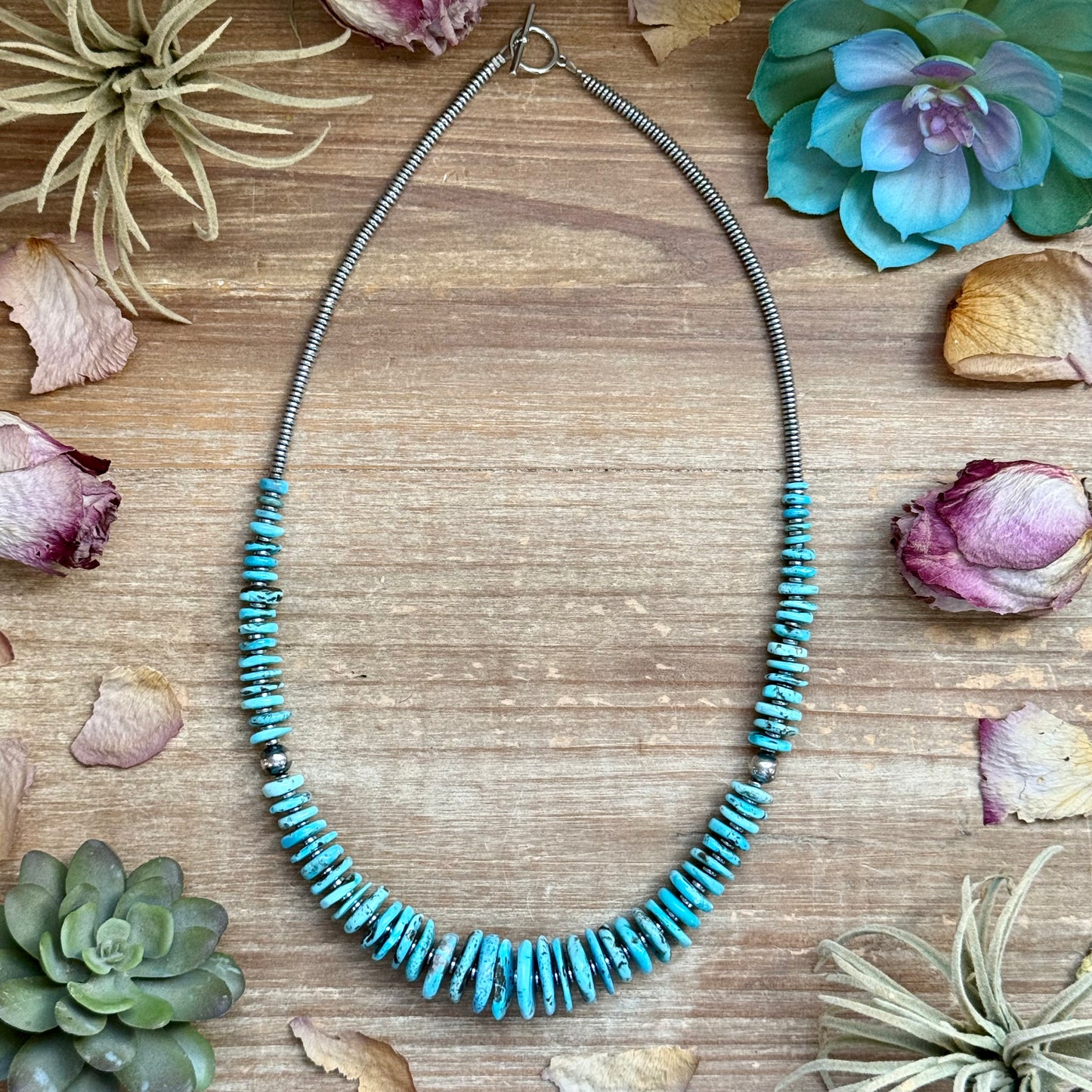 23 inch light blue turquoise graduated necklace with sterling silver pearls and hematite, handmade by The Bijoux FAB