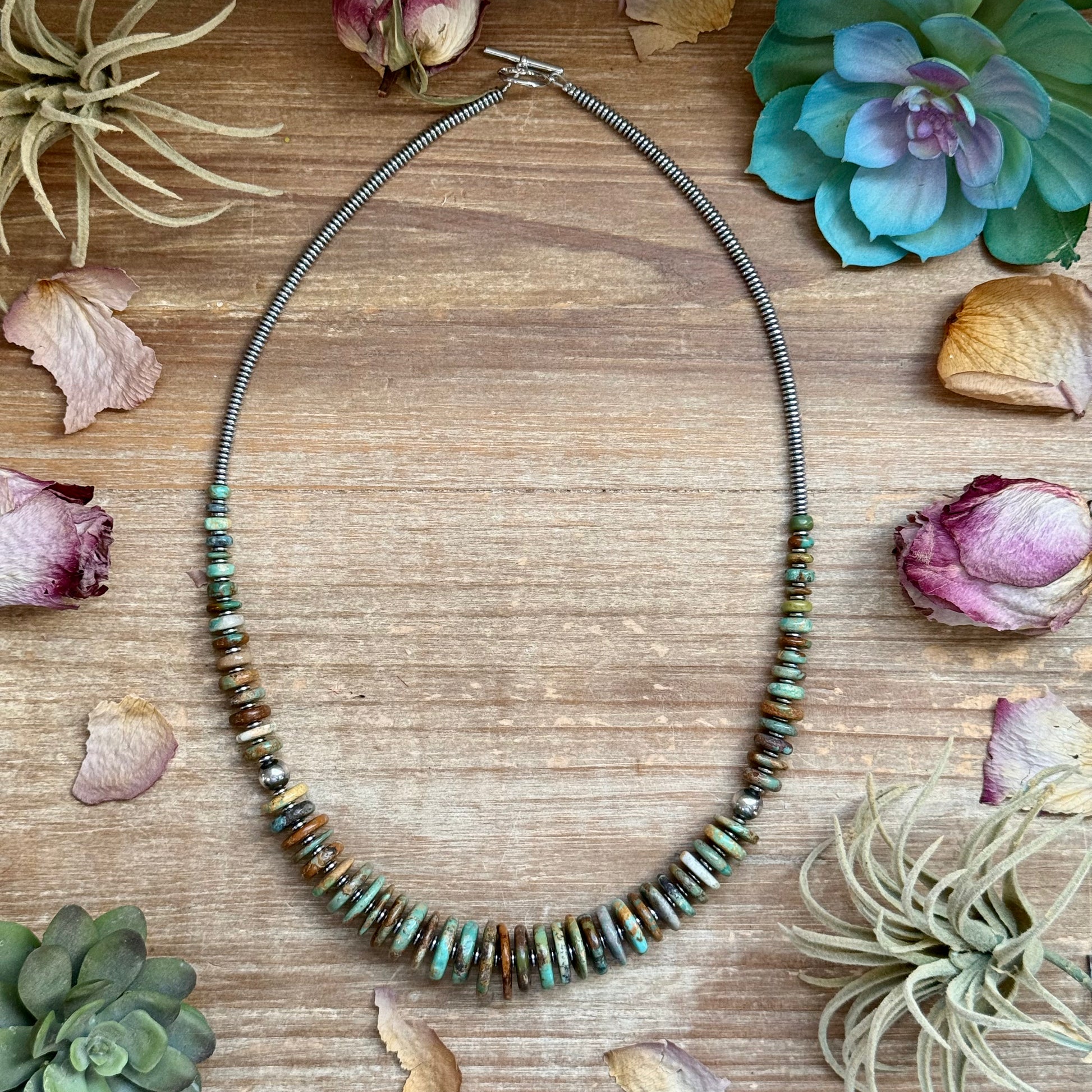 23 inch green turquoise graduated necklace with sterling silver pearls and hematite, handmade by The Bijoux FAB