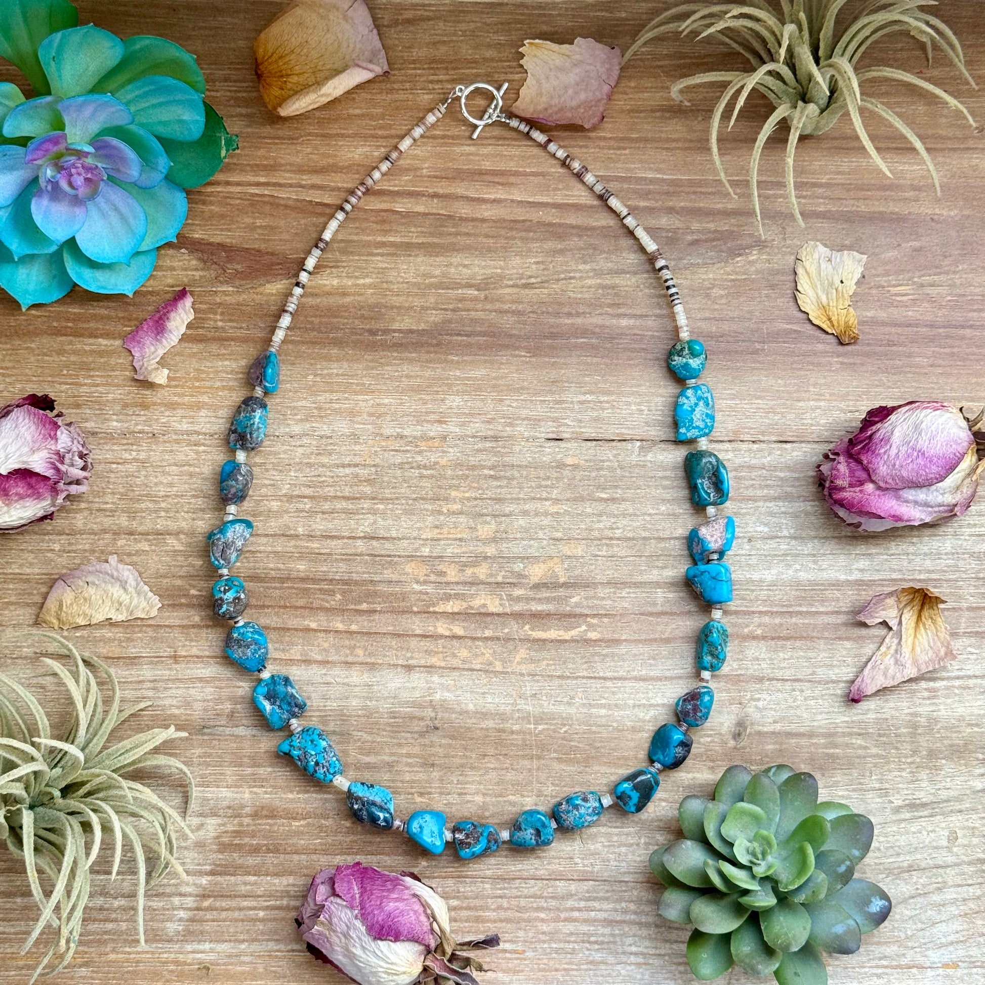 26 inch blue turquoise nugget necklace with 2 mm shell beads and non tarnish hook, handmade by The Bijoux FAB