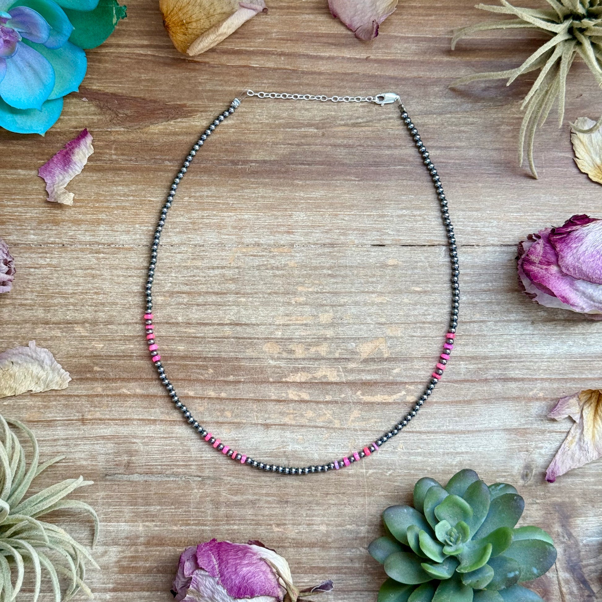 16 inch pink faceted opal necklace with sterling silver extender, bright pink, handmade