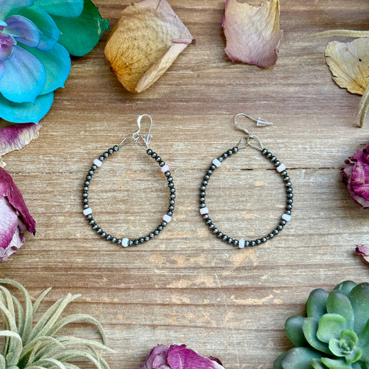 Pink conch hoop earrings with sterling silver pearls and hooks, lightweight, each pair unique