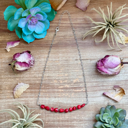 15 inch silver-plated paperclip chain necklace with dyed coral and hematite, handmade by The Bijoux FAB