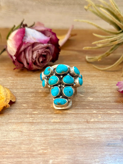 Kingman Turquoise Longhorn Sterling Silver Ring – Adjustable (Fits 8+)