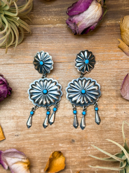 Sterling silver Kingman turquoise dangle earrings, stud on top, Native made by Cordelo Chee, son of Tim Tazzie, handmade in USA