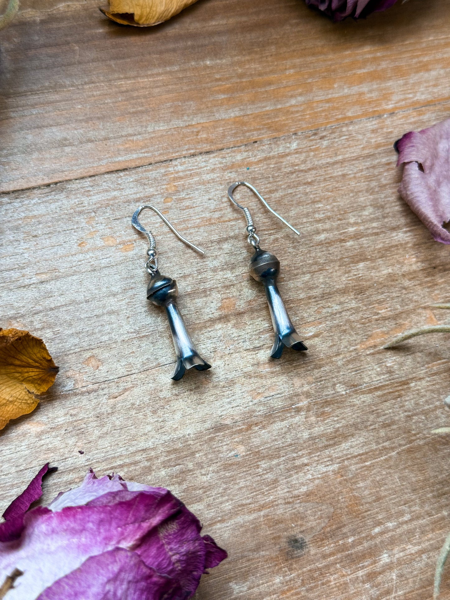 Sterling silver medium blossom dangle earrings, Native made, artist unknown, lightweight everyday pair, handmade in USA