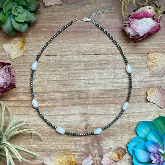 16 inch freshwater pearl necklace with sterling silver beads handmade by The Bijoux FAB
