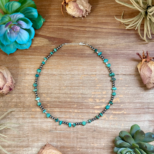15.5-Inch Green Turquoise, Rice Pearl Necklace & Sterling Silver