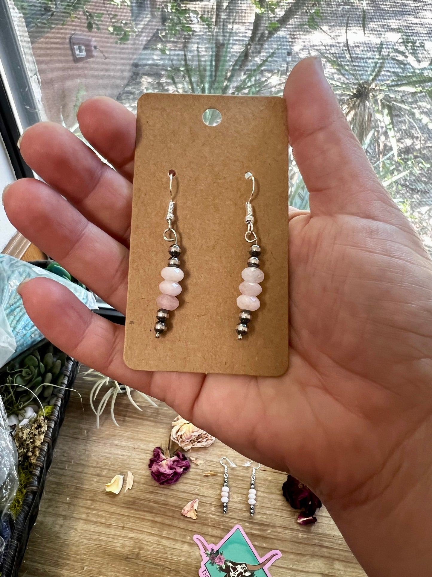 Pink Morganite and Navajos pearl dangle earrings