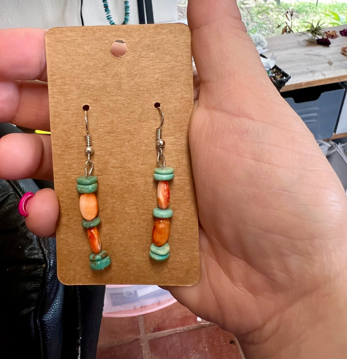 Orange spiny and green turquoise simple dangle earrings